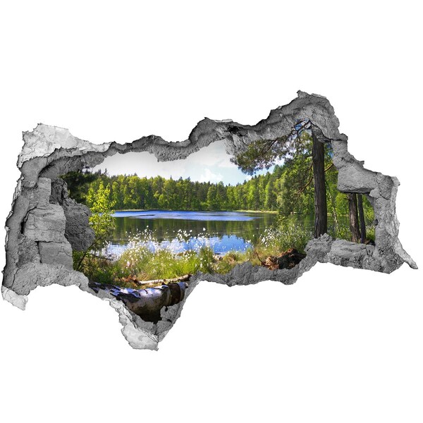 Sticker effetto rottura muro Verde foresta in riva al lago