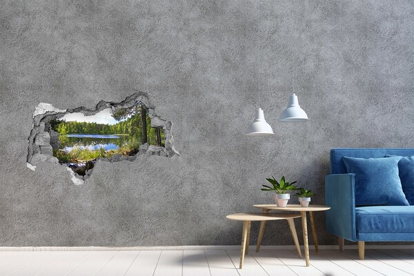 Sticker effetto rottura muro Verde foresta in riva al lago