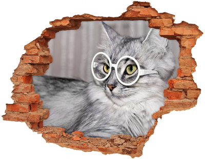 Adesivo effetto buco nel muro Gatto con gli occhiali che spunta da un buco nel muro