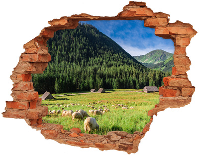 Adesivo murale buco 3D Valle verde con pecore