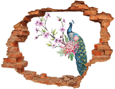 Adesivo murale buco 3D Pavone tra i fiori