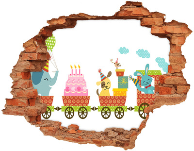 Adesivo murale buco 3D Treno con regali e torta di compleanno