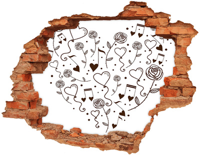 Adesivo effetto buco nel muro Cuori e rose musicali