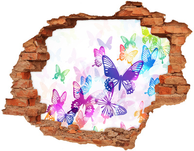 Adesivo murale buco 3D Farfalle colorate in un buco nel muro