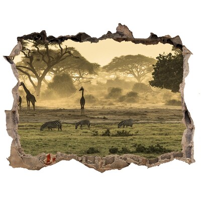 Adesivo buco nel muro Savana africana con giraffe e zebre
