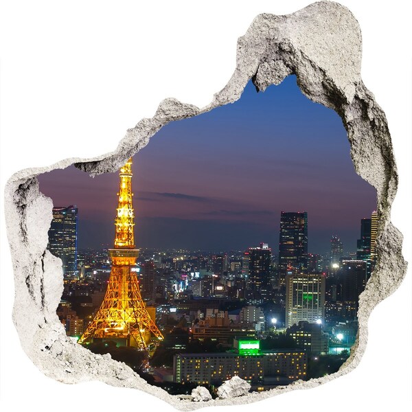Trompe l'oeil buco nel muro Veduta notturna di Tokyo