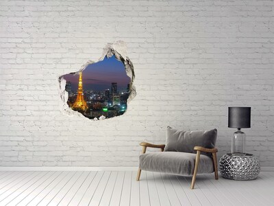 Trompe l'oeil buco nel muro Veduta notturna di Tokyo