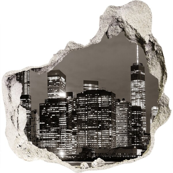 Trompe l'oeil buco nel muro Lo skyline di New York di notte